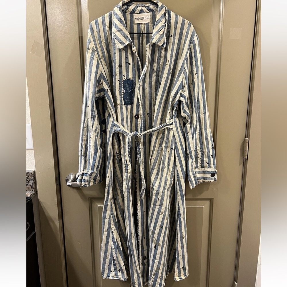 Magnolia Pearl Blue and Cream Striped Coat dress jacket belt (item 8.5)
